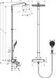 Hansgrohe Duschsystem mit Kopf- und Handbrause, Thermostat und verstellbaren Wasserstrahlen, dargestellt in technischen Ansichten mit Abmessungen und Anschlussdetails.